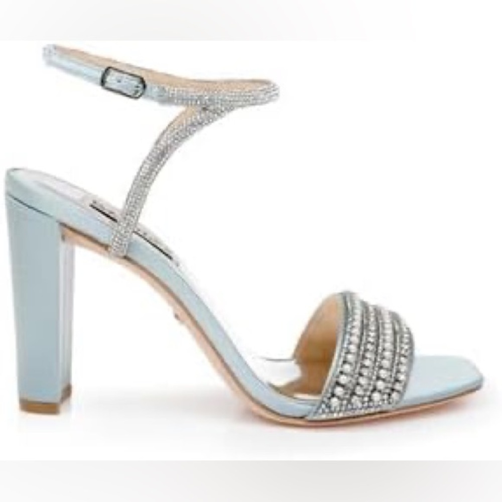 Badgley Mischka Becca Strappy Block Heel Silver Metallic Rhinestone NEW Size 9